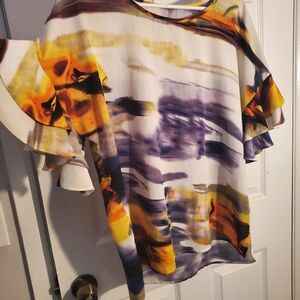 Vibrant Watercolor Ruffle Sleeve Blouse